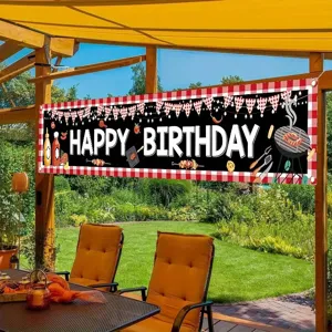 BBQ themed Happy Birthday banner with red and white checkered border for backyard party