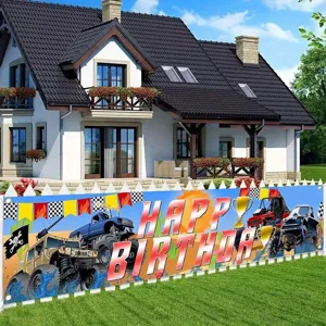 Monster truck theme happy birthday banner for outdoor yard fence party decoration