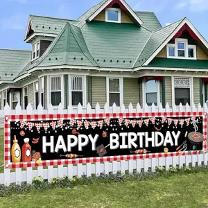 BBQ theme Happy Birthday banner with red and white plaid border for fence decor.