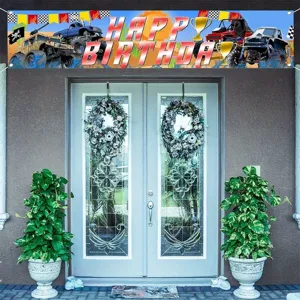 Cool monster truck theme happy birthday banner for outdoor party garden wall decoration