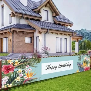 Tropical floral Happy Birthday yard banner with exotic flowers for outdoor summer party decor