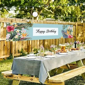 Tropical birthday party banner with floral patterns for outdoor garden decoration