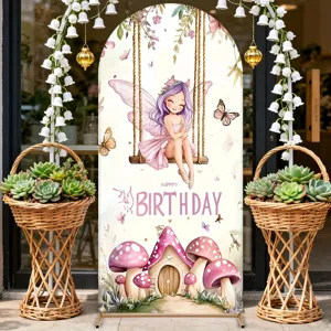 Sfondo ad arco in tessuto per feste di compleanno con fata dei sogni e casa di funghi