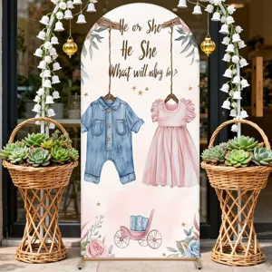 Toile de fond arquée pour fête de révélation de genre avec vêtements de bébé et fleurs