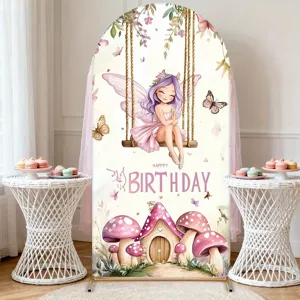 Sfondo ad arco a tema fiabesco con casa dei funghi e fata per decorazioni di compleanno
