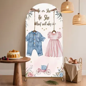 Toile de fond en arche pour fête de révélation de genre avec motifs pour bébés