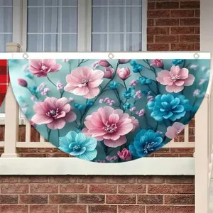 Vintage Floral Fan-Shaped Garden Flag Polyester Half-Round Bunting Banner For Yard Fence Balcony Outdoor Decoration