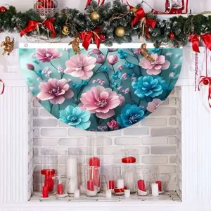Retro fan-shaped garden banner with pink and blue floral print for yard fence decor.
