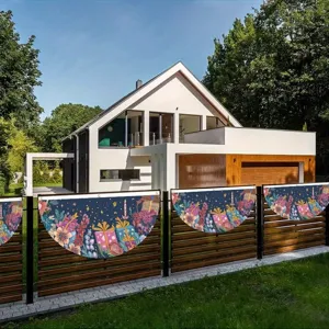 Floral gift theme decorative fan-shaped flags hanging on a garden wooden fence