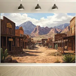Sfondo fotografico vintage città del selvaggio West con montagne e cactus decorativo