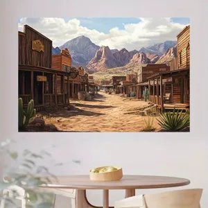 Sfondo città del vecchio West vintage con montagne e cactus per decorazioni per feste.