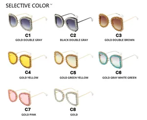 Gedetailleerde kleurkeuzegids voor luxe oversized zonnebrillen met strass en metalen frame