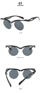 Múltiples vistas de detalle de gafas de sol redondas de media montura negra con gris