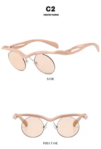 Gafas de sol rosa con montura media y lentes redondas, vistas frontal y lateral detalladas.