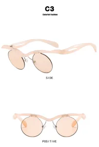 Vista detallada de gafas de sol modernas con montura ondulada en color rosa melocotón