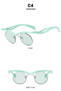 Vista detallada de las gafas de sol redondas de media montura verde menta para mujer multiángulo.