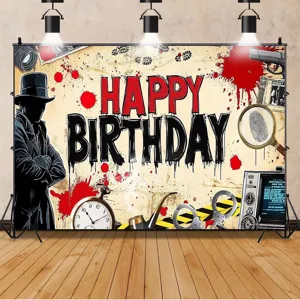 Sfondo di compleanno retrò a tema detective con silhouette ed elementi investigativi