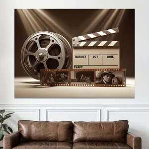 Vintage movie themed photography backdrop featuring film reel and clapperboard design