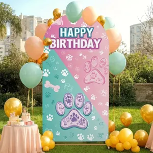 Cute dog paw print arch backdrop for birthday party, pink blue banner with bones decoration.