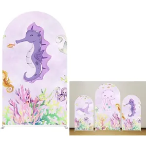 Cartoon ocean animal arch backdrop with seahorse and jellyfish for kids' party decor
