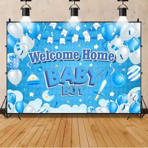 Blue baby shower photography backdrop with balloons and banner for newborn boy party decor.