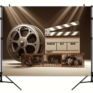 Vintage movie theme photography backdrop with film reel and clapperboard design