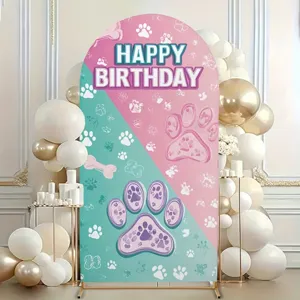 Cute dog paw arch backdrop cover for kids birthday party decoration, pink and blue banner.