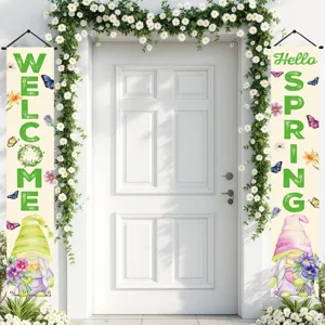 Spring porch banners featuring gnomes and 'Welcome Hello Spring' text for front door decor