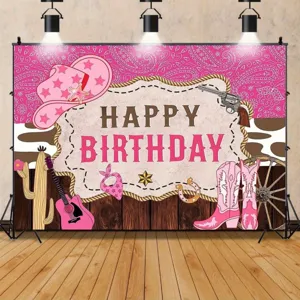 Rosa Western Cowboy Compleanno Fotografia Sfondo per Ragazza Festa Decorazione Banner 3D