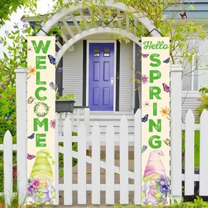 Spring gnome porch banners with Hello Spring and Welcome text for entrance door decor