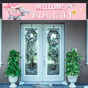 Pink elephant baby shower banner girl party decoration courtyard hanging backdrop fabric