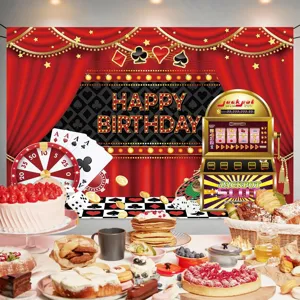 Toile de fond photographie anniversaire thème casino avec rideaux rouges et machine