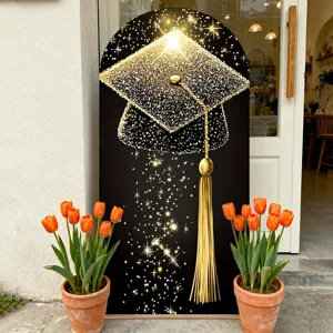 Black and gold graduation arch backdrop with glitter graduation cap print for party decoration