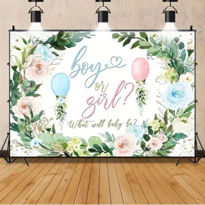 Watercolor floral gender reveal backdrop with boy or girl balloons for baby shower decor