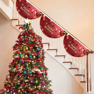 Festive red and gold Happy Birthday fan-shaped banners for staircase railing decoration