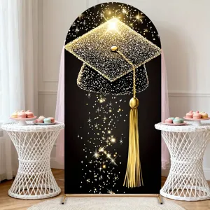 Black and gold graduation arch backdrop cover with elegant glitter mortarboard design