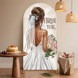 Arched Bride to Be backdrop with elegant bride illustration for wedding decor.
