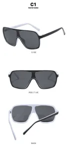 Vista dettagliata multi-angolo di occhiali da sole shield neri e bianchi oversize da donna.