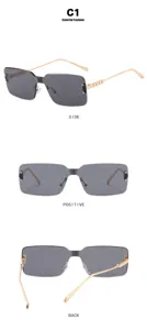 Vistas detalladas de gafas de sol cuadradas sin montura con lentes grises.