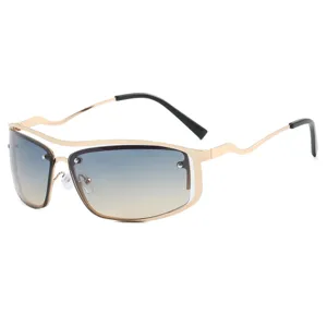 Lunettes de soleil steampunk Y2K en métal avec verres dégradés bleus et monture évidée chic