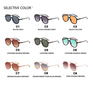 Grille de sélection de neuf lunettes de soleil aviateur rétro à double pont en diverses couleurs.