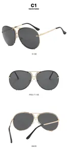 Oversized aviator sunglasses with gold metal frame showing front, side, and back views.