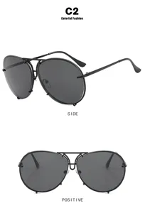 Front and side view detail of vintage oversized black pilot sunglasses for women