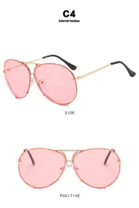 Detailed views of pink aviator sunglasses with gold metal frames and retro oversized design