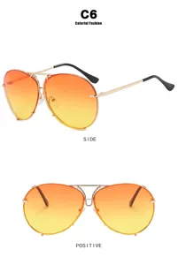 Front and side views of orange gradient aviator sunglasses with gold metal frame