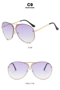 Side and front views of oversized aviator sunglasses with purple gradient lenses