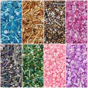 Detailed collage of colorful mixed glass seed and bugle beads for DIY jewelry making crafts