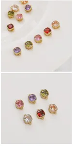 Detailed view of colorful square zircon pendants with 14K gold plating and dual loops