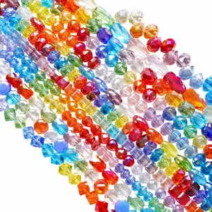 Close-up of vibrant faceted glass crystal beads in a rainbow of colors for DIY jewelry