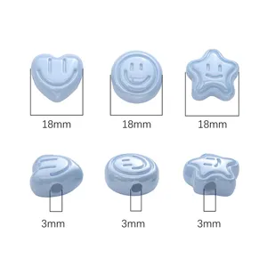 18mm light blue acrylic smiley face beads in heart, round, and star shapes for DIY jewelry making